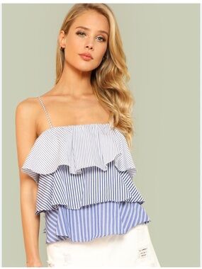 Ellison Blue and White Striped Ruffle Tiered Tank